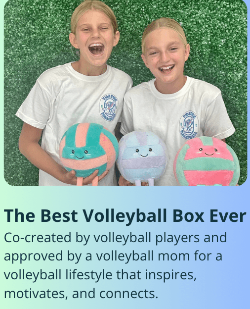 Two children holding plush volleyball toys with a text overlay about a 'Best Volleyball Box'.